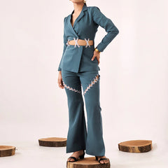 Solid embellished blue blazer shirt