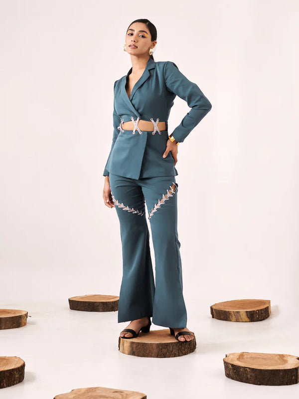 Solid embellished blue blazer shirt
