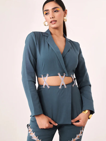 Solid embellished blue blazer shirt