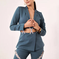 Solid embellished blue blazer shirt