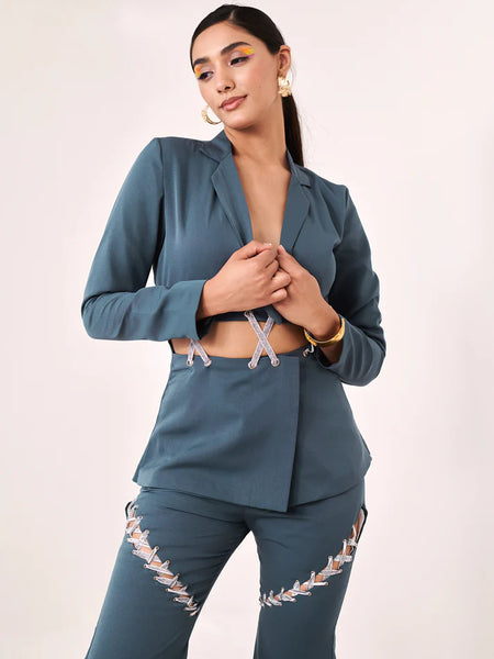 Solid embellished blue blazer shirt
