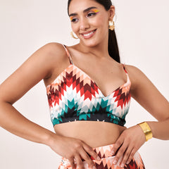 Red Organza Gigot Top with Printed Top & Skirt