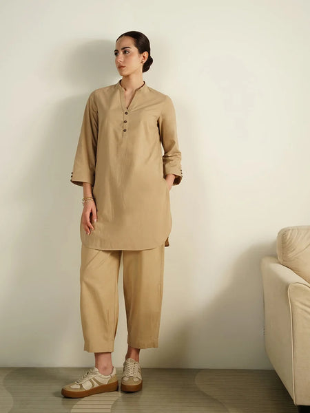 Sahara Beige – Mandarin Collar Cotton Co-Ord Set