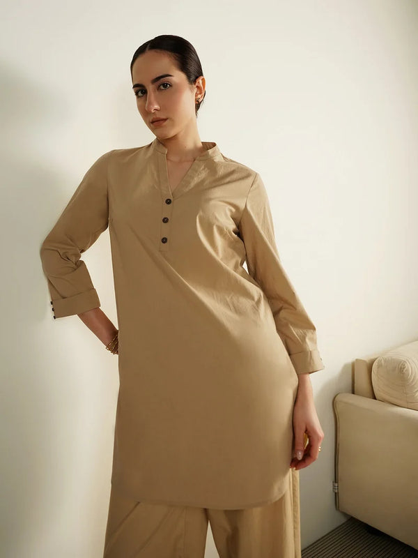 Sahara Beige – Mandarin Collar Cotton Co-Ord Set