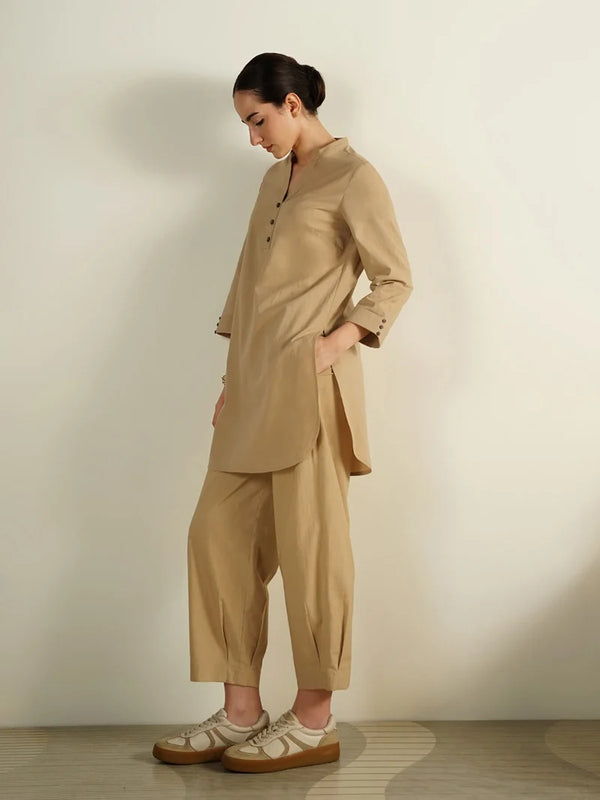 Sahara Beige – Mandarin Collar Cotton Co-Ord Set