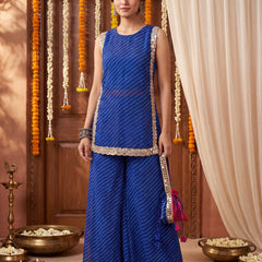 Blue Leheriya Short Kurta with Pallazo 3 Pc Set