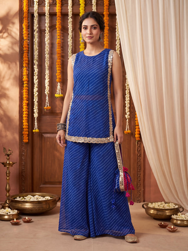 Blue Leheriya Short Kurta with Pallazo 3 Pc Set