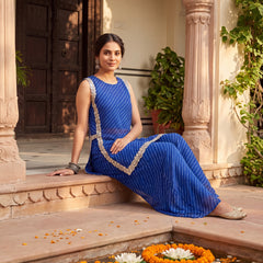 Blue Leheriya Short Kurta with Pallazo 3 Pc Set