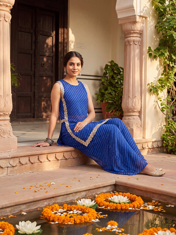 Blue Leheriya Short Kurta with Pallazo 3 Pc Set