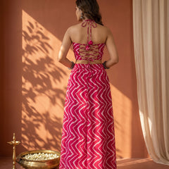 Fuschia Pink Printed  Cape Set with Halter Choli and Pallazo