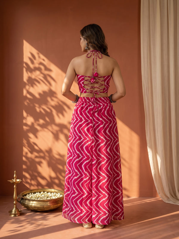 Fuschia Pink Printed  Cape Set with Halter Choli and Pallazo