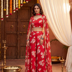 Floral Printed Multi Styling Crystal Embellished Cape Set with Pallazo and Choli