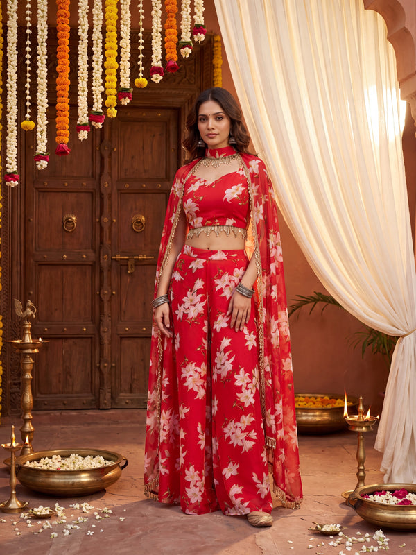 Floral Printed Multi Styling Crystal Embellished Cape Set with Pallazo and Choli