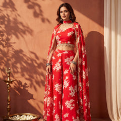 Floral Printed Multi Styling Crystal Embellished Cape Set with Pallazo and Choli