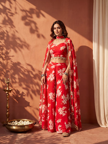Floral Printed Multi Styling Crystal Embellished Cape Set with Pallazo and Choli