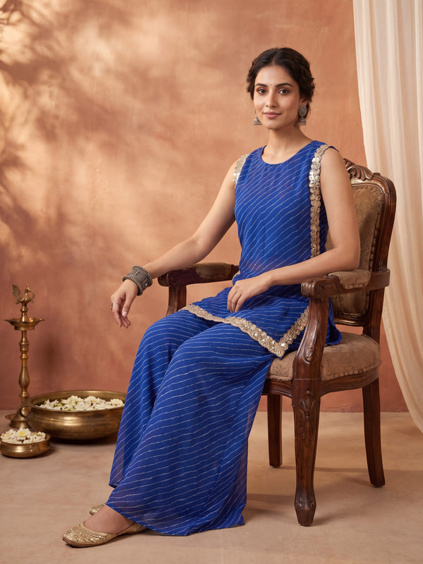 Blue Leheriya Short Kurta with Pallazo 3 Pc Set