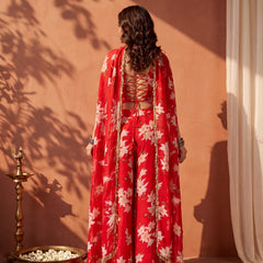 Floral Printed Multi Styling Crystal Embellished Cape Set with Pallazo and Choli
