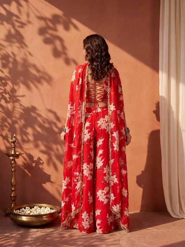Floral Printed Multi Styling Crystal Embellished Cape Set with Pallazo and Choli