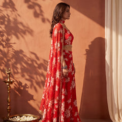 Floral Printed Multi Styling Crystal Embellished Cape Set with Pallazo and Choli