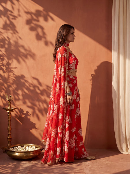 Floral Printed Multi Styling Crystal Embellished Cape Set with Pallazo and Choli