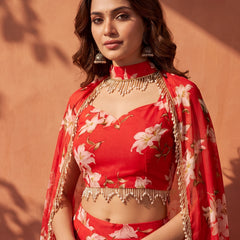 Floral Printed Multi Styling Crystal Embellished Cape Set with Pallazo and Choli