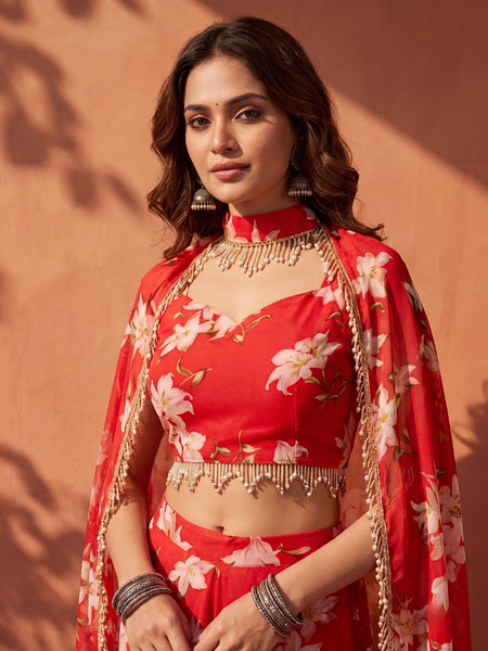 Floral Printed Multi Styling Crystal Embellished Cape Set with Pallazo and Choli