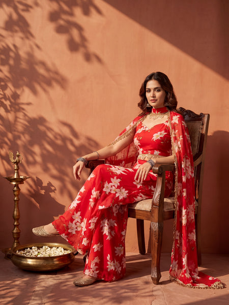 Floral Printed Multi Styling Crystal Embellished Cape Set with Pallazo and Choli