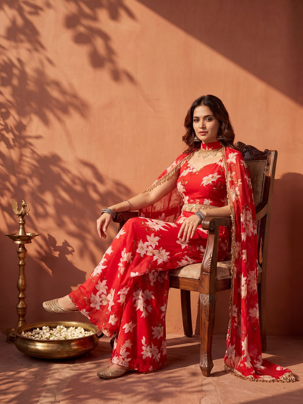 Floral Printed Multi Styling Crystal Embellished Cape Set with Pallazo and Choli