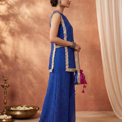 Blue Leheriya Short Kurta with Pallazo 3 Pc Set