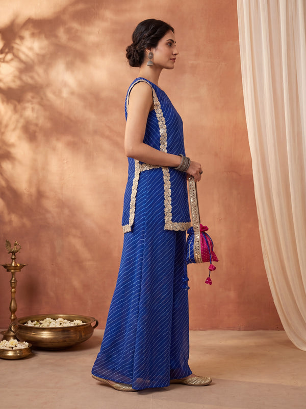 Blue Leheriya Short Kurta with Pallazo 3 Pc Set