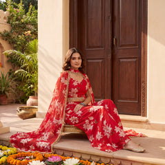 Floral Printed Multi Styling Crystal Embellished Cape Set with Pallazo and Choli
