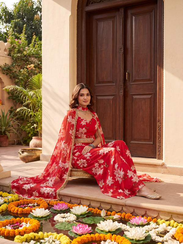 Floral Printed Multi Styling Crystal Embellished Cape Set with Pallazo and Choli