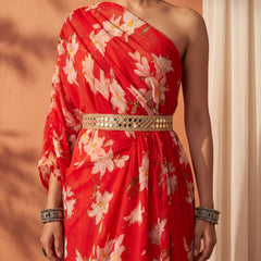 Red Floral One Shoulder Draped Kaftan Dress with Embellished mirror belt detailing