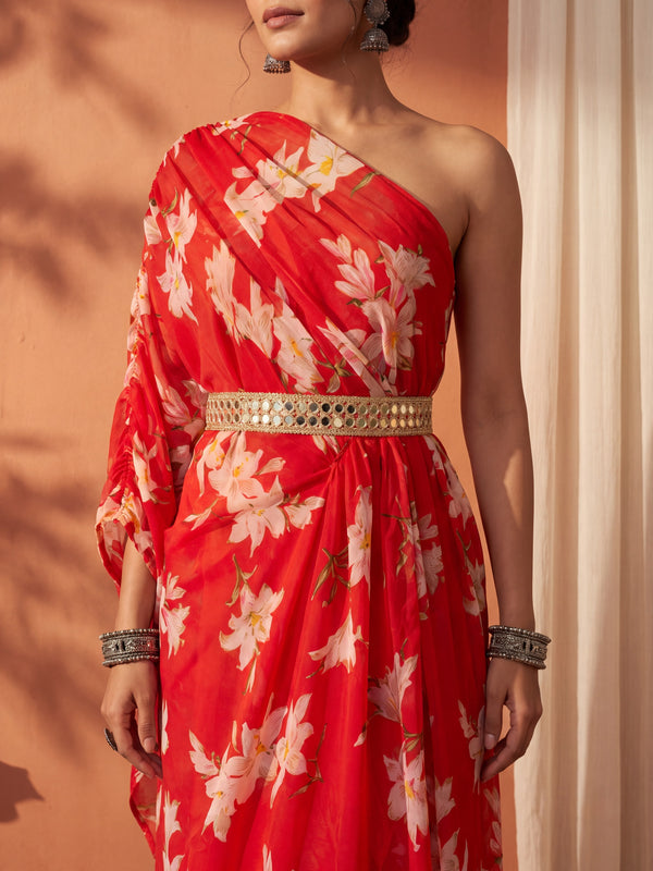 Red Floral One Shoulder Draped Kaftan Dress with Embellished mirror belt detailing