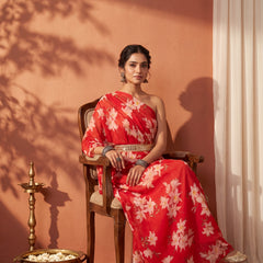 Red Floral One Shoulder Draped Kaftan Dress with Embellished mirror belt detailing