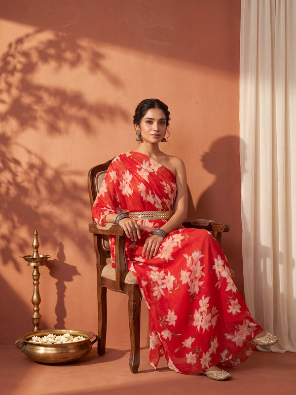 Red Floral One Shoulder Draped Kaftan Dress with Embellished mirror belt detailing