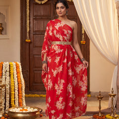Red Floral One Shoulder Draped Kaftan Dress with Embellished mirror belt detailing