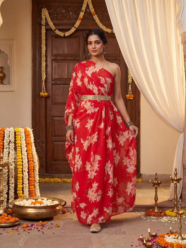 Red Floral One Shoulder Draped Kaftan Dress with Embellished mirror belt detailing