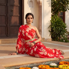 Red Floral One Shoulder Draped Kaftan Dress with Embellished mirror belt detailing