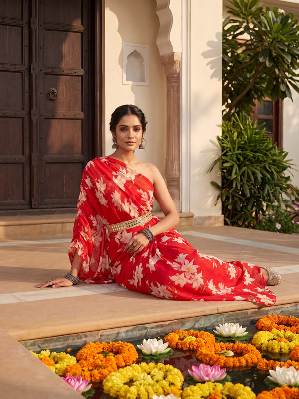 Red Floral One Shoulder Draped Kaftan Dress with Embellished mirror belt detailing