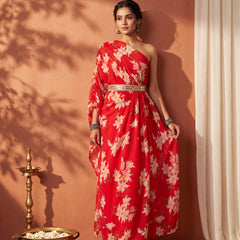 Red Floral One Shoulder Draped Kaftan Dress with Embellished mirror belt detailing
