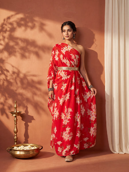 Red Floral One Shoulder Draped Kaftan Dress with Embellished mirror belt detailing