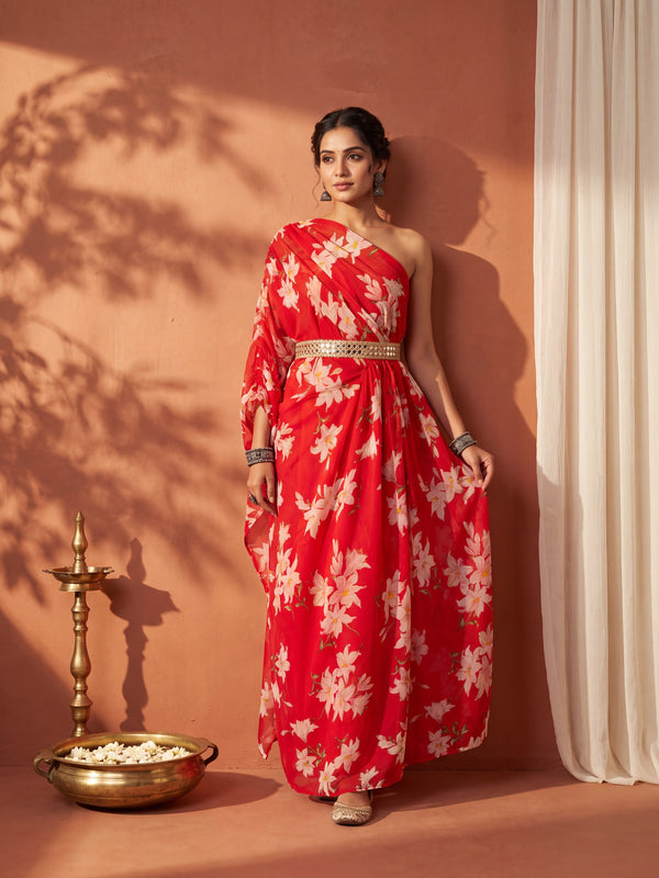 Red Floral One Shoulder Draped Kaftan Dress with Embellished mirror belt detailing