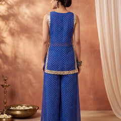 Blue Leheriya Short Kurta with Pallazo 3 Pc Set
