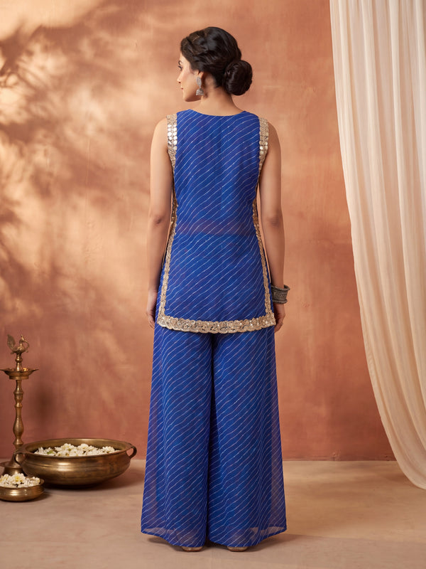 Blue Leheriya Short Kurta with Pallazo 3 Pc Set
