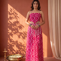 Fuschia Pink Printed  Cape Set with Halter Choli and Pallazo