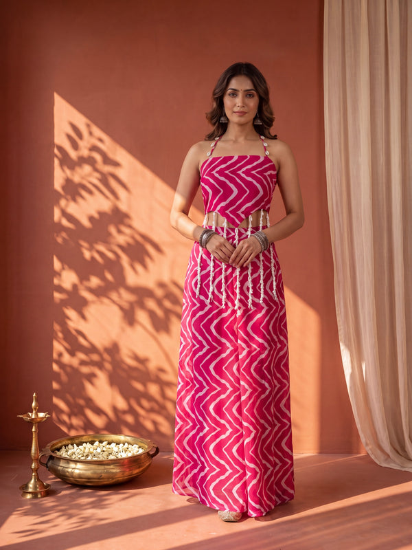 Fuschia Pink Printed  Cape Set with Halter Choli and Pallazo