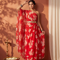 Red Floral One Shoulder Draped Kaftan Dress with Embellished mirror belt detailing