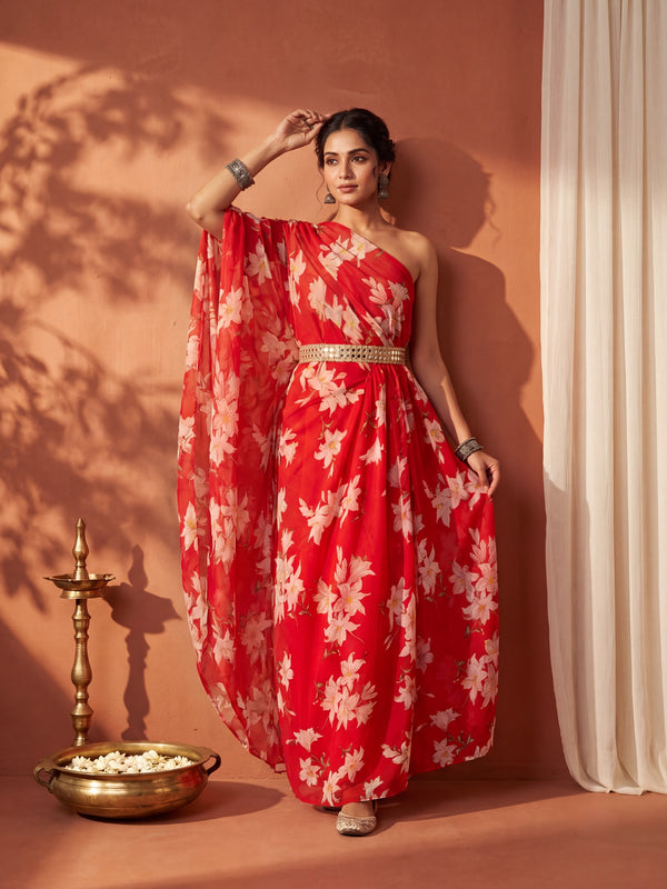 Red Floral One Shoulder Draped Kaftan Dress with Embellished mirror belt detailing