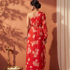 Red Floral One Shoulder Draped Kaftan Dress with Embellished mirror belt detailing